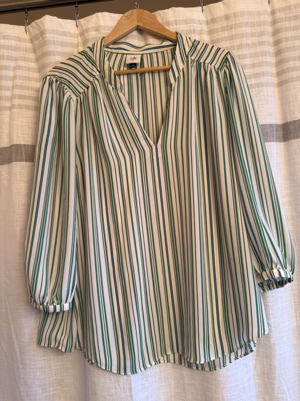 Cabi Green, Navy & White Vertical Stripe V-Neck Blouse